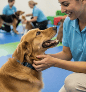 A kind doggy daycare staff member greeting a happy dog.