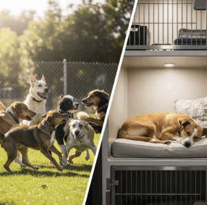 Dogs playing outside and resting in a comfortable kennel, showing a balanced schedule.
