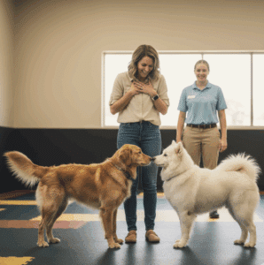 A dog owner watches their dog successfully socialize with another dog during a trial day.
