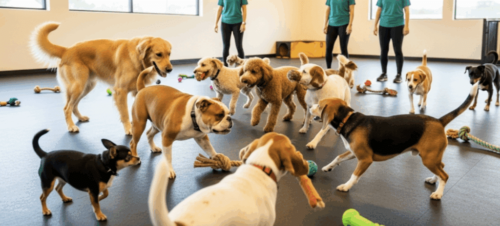 Happy dogs of all breeds playing together in a bright, clean indoor doggy daycare facility.