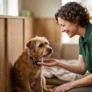 Close-up of a small, hesitant scruffy terrier mix sitting in a quiet corner, with a smiling female handler kneeling and offering reassurance.