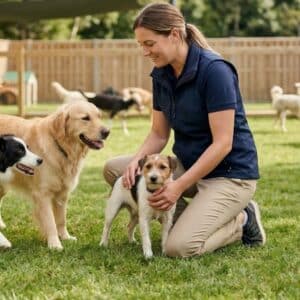 A female pet care specialist kneeling on grass and petting a terrier-mix puppy, next to a bichon frise sitting on a bed and an outdoor kennel.