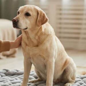 Close-up of a relaxed Golden Retriever looking content and calm while resting on a plush, clean dog bed in a simple boarding suite.