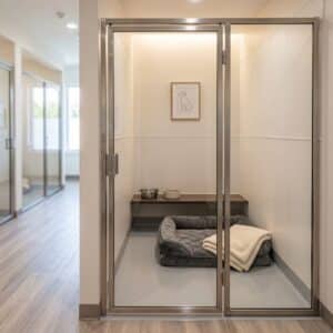 A premium, climate-controlled indoor dog boarding facility with comfortable suites.