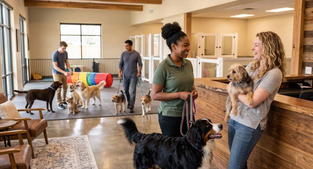 women at dog care facility