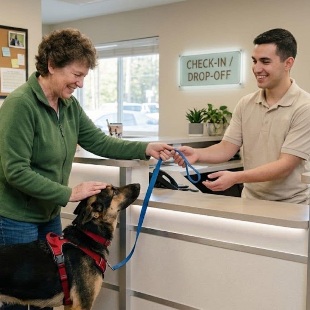 Two people at a reception desk with a dog on a leash