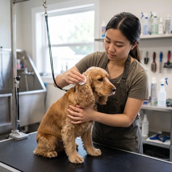 dog at dog groomer