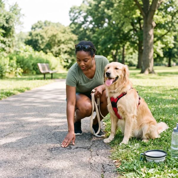 woman checking pavement temperature for dog