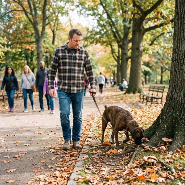 man walking dog