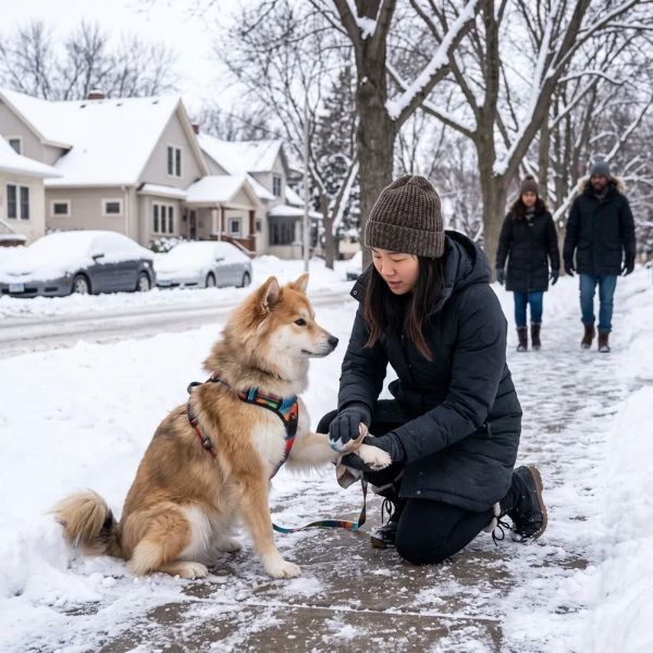 dog and owner in winter